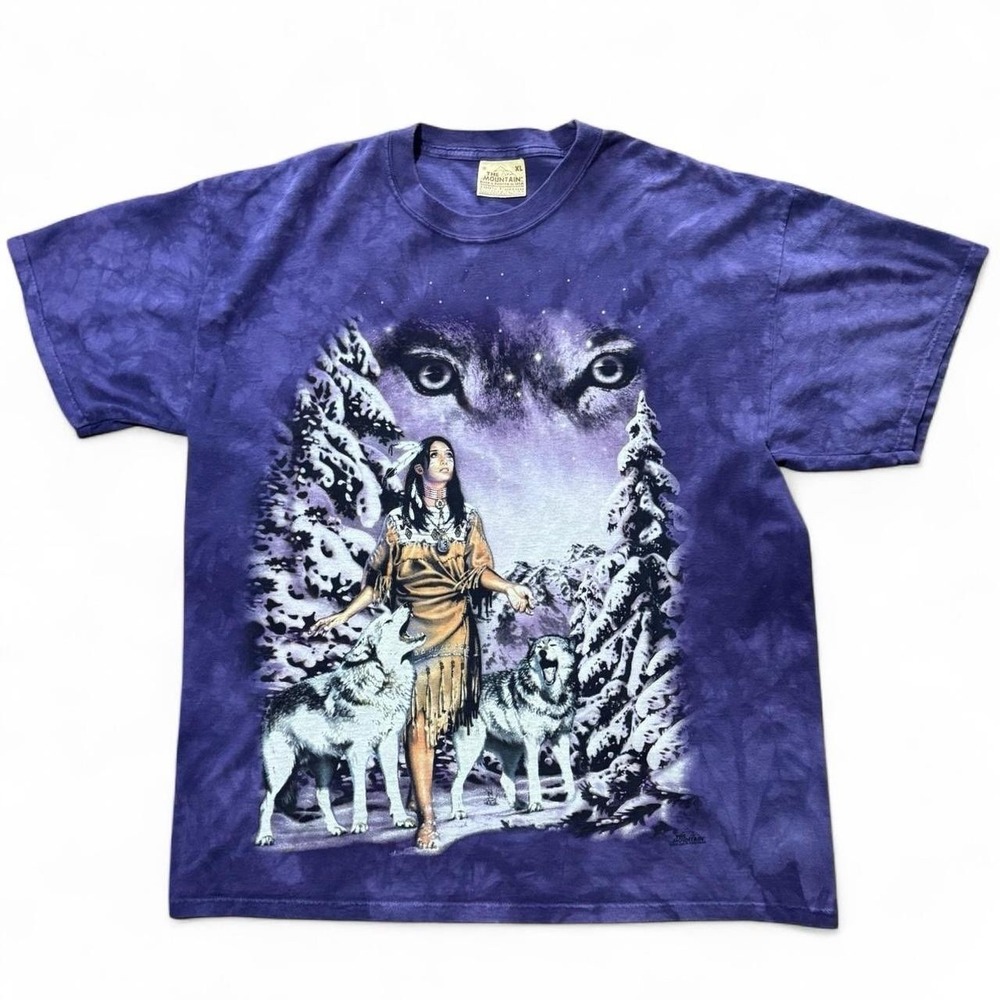 Vintage 90s Leather Tag The Mountain Purple Tie-Dye Wolf Nature Graphic T-shirt